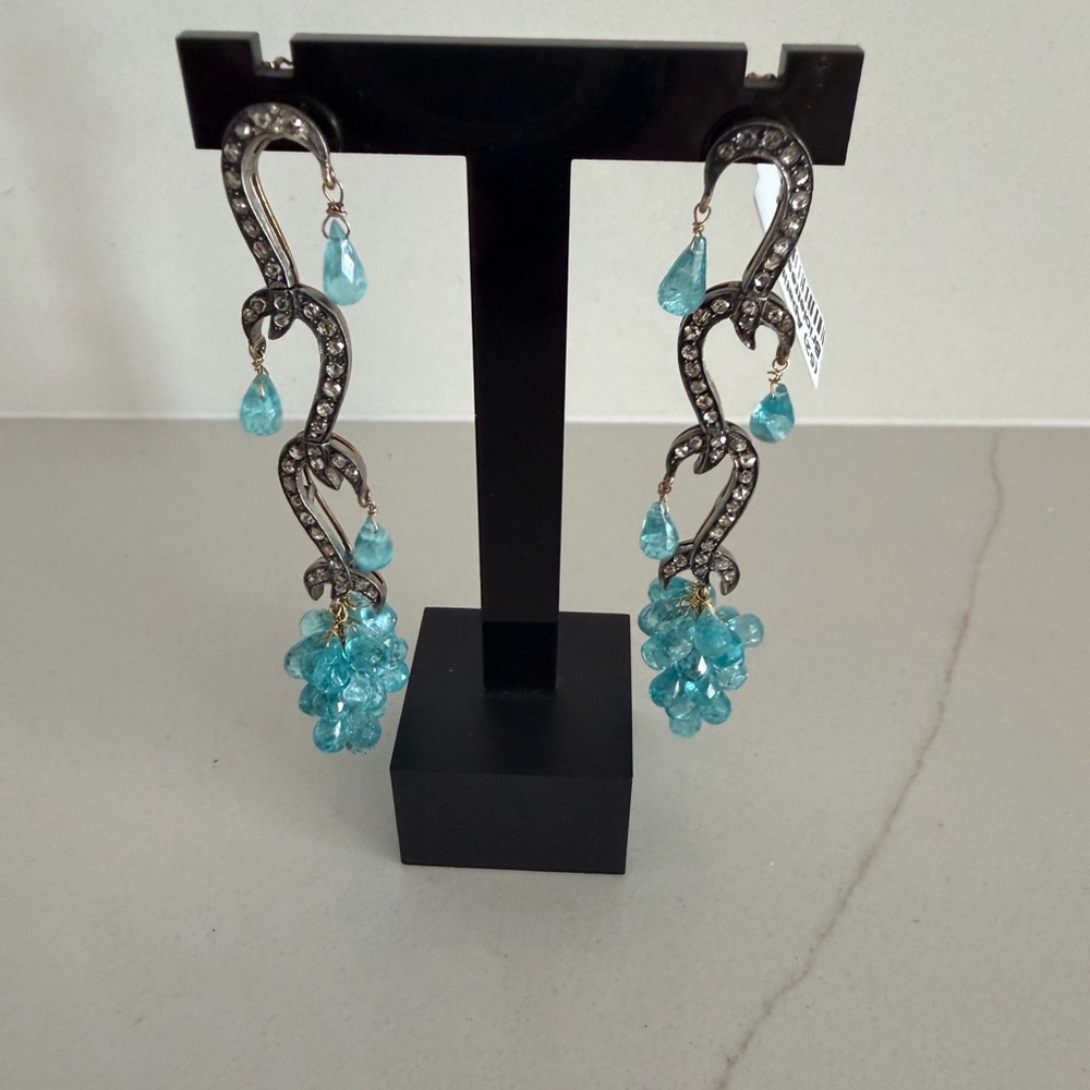 Elegant Apatite Faceted Briolette’s & Diamond Drop Earrings sterling & 14kt.